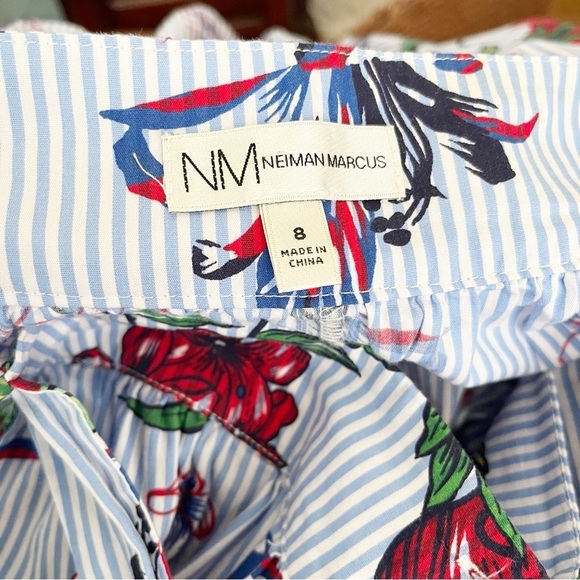 NM Neiman Marcus Midi Skirt Womens Size 8 Blue Stripe Red Rose Tie Front Buttons - Picture 6 of 6